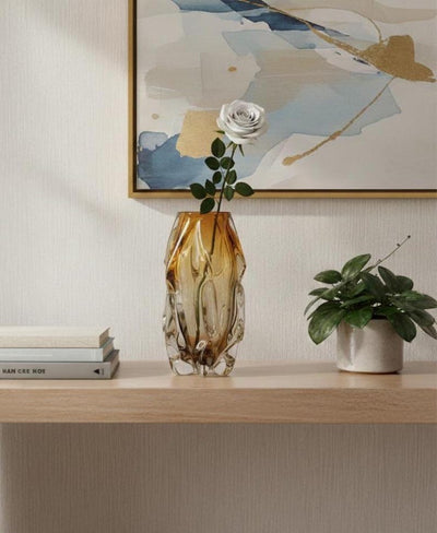 Hand-Blown Amber Art Glass Vase, Sculptural Organic Flow Design