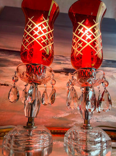 Pair of (2) Antique Victorian Style Mantle Luster Table Lamps with Cranberry Hurricanes and Crystal Cut Glass Prisms