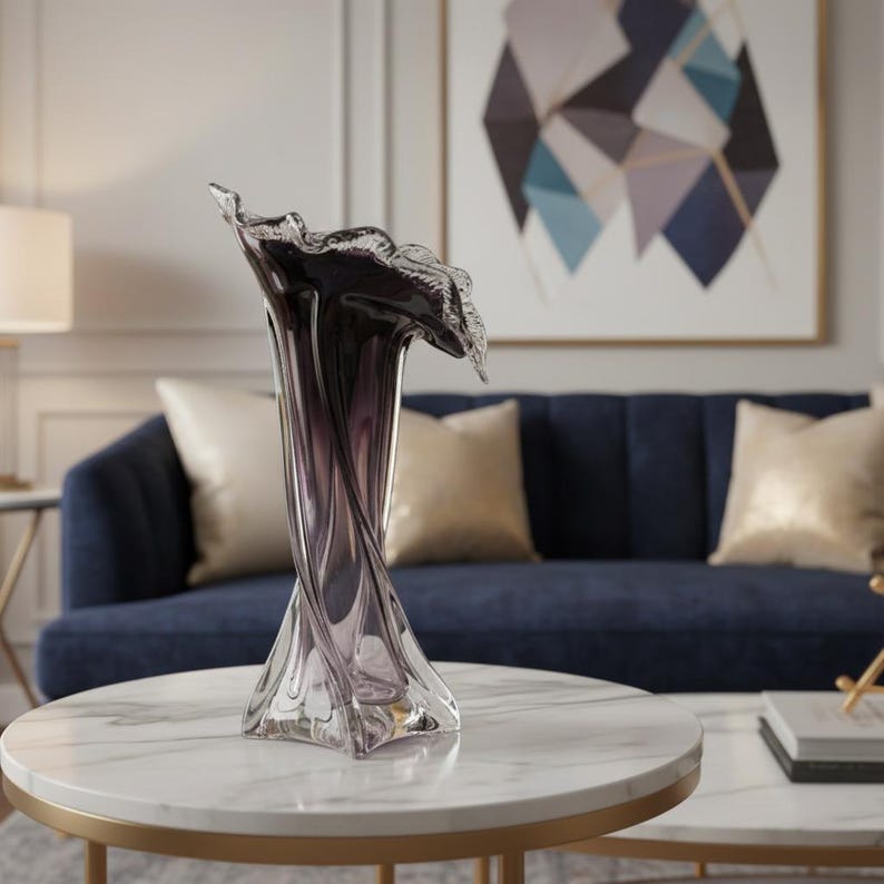 Elegant Plum Twisted Hand-Blown Glass Vase, Artisan Floral-Inspired Sculptural Centerpiece
