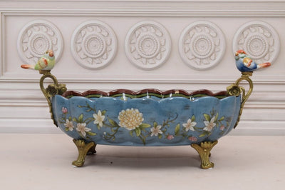 Antique Blue Porcelain Bowl: Bronze Bird Ornaments, Floral Design