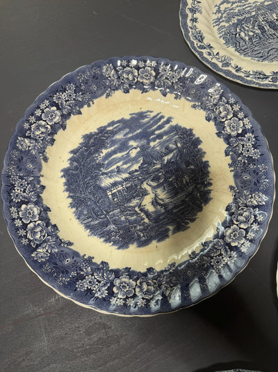 Vintage Kitchen Gallery Wall Set: Blue & White Willow Style English Plate Set