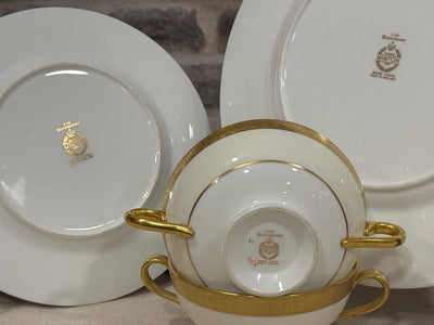 Minton Buckingham Dinner Service for 6, Vintage English Bone China, Gold Encrusted Dinner Set with Tureen, Gravy Boat, Cream and Gold