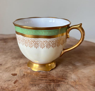 Very Rare Antique c1905 Edwardian Royal Albert Crown China Trio, Tea Cup, Saucer And Square Tea Plate. Green, Cream, White With Gold Gilt.
