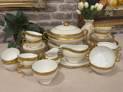 Minton Buckingham Dinner Service for 6, Vintage English Bone China, Gold Encrusted Dinner Set with Tureen, Gravy Boat, Cream and Gold