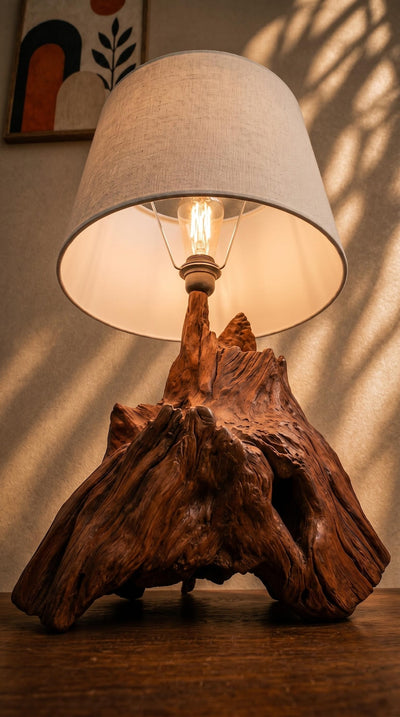 Driftwood Table Lamp, Rustic Natural Wood Accent Light, Coastal Boho Home Decor