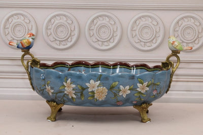 Antique Blue Porcelain Bowl: Bronze Bird Ornaments, Floral Design