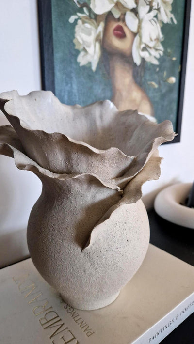 Handmade Ceramic Decorative Vase with Sculptural Ruffled Edges – Elegant Contemporary Art Pottery, Unique Statement Home Decor