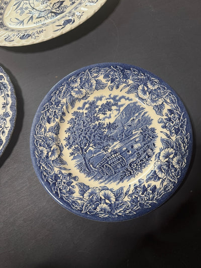 Vintage Kitchen Gallery Wall Set: Blue & White Willow Style English Plate Set