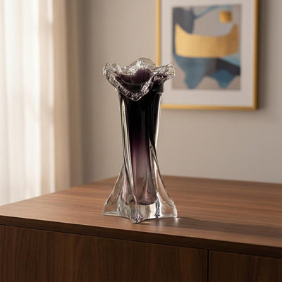 Elegant Plum Twisted Hand-Blown Glass Vase, Artisan Floral-Inspired Sculptural Centerpiece