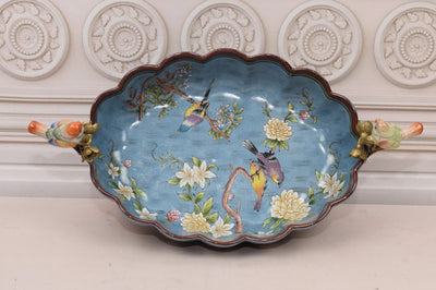 Antique Blue Porcelain Bowl: Bronze Bird Ornaments, Floral Design