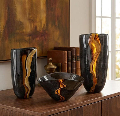 Hand Blown Glass Vase Set Black Amber Art Decor set of 3