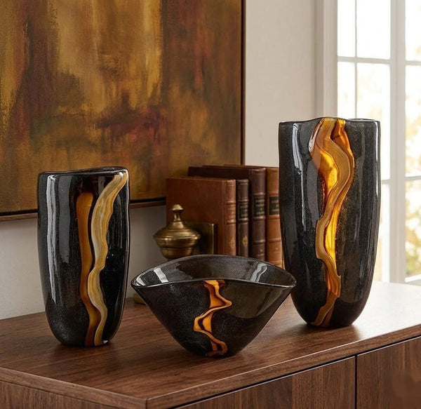 Hand Blown Glass Vase Set Black Amber Art Decor set of 3