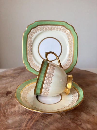Very Rare Antique c1905 Edwardian Royal Albert Crown China Trio, Tea Cup, Saucer And Square Tea Plate. Green, Cream, White With Gold Gilt.