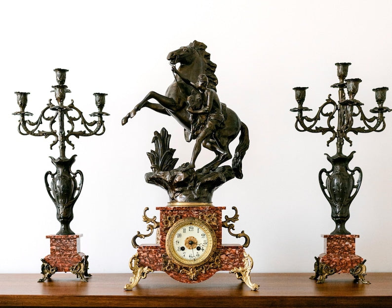 Antique 3-Piece French Clock Garniture Set | 19th Century Marly Horse Sculpture