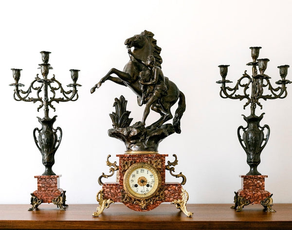 Antique 3-Piece French Clock Garniture Set | 19th Century Marly Horse Sculpture