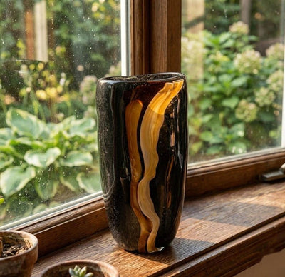 Hand Blown Glass Vase Set Black Amber Art Decor set of 3