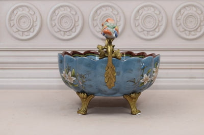 Antique Blue Porcelain Bowl: Bronze Bird Ornaments, Floral Design
