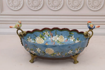Antique Blue Porcelain Bowl: Bronze Bird Ornaments, Floral Design