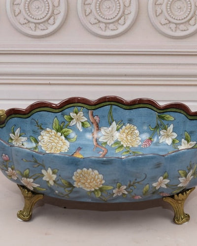 Antique Blue Porcelain Bowl: Bronze Bird Ornaments, Floral Design