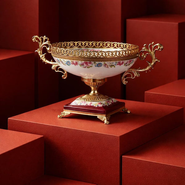 Vintage Limoges Style Porcelain Centerpiece Bowl, Portuguese Floral Pedestal Bowl with Gold Handles