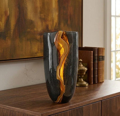 Hand Blown Glass Vase Set Black Amber Art Decor set of 3