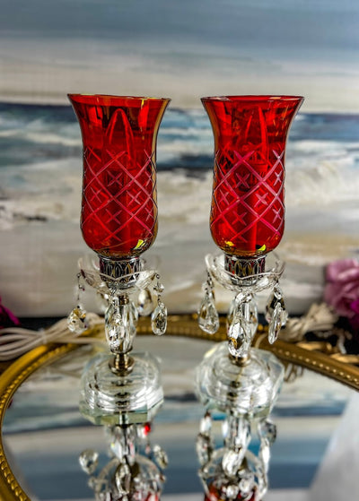 Pair of (2) Antique Victorian Style Mantle Luster Table Lamps with Cranberry Hurricanes and Crystal Cut Glass Prisms