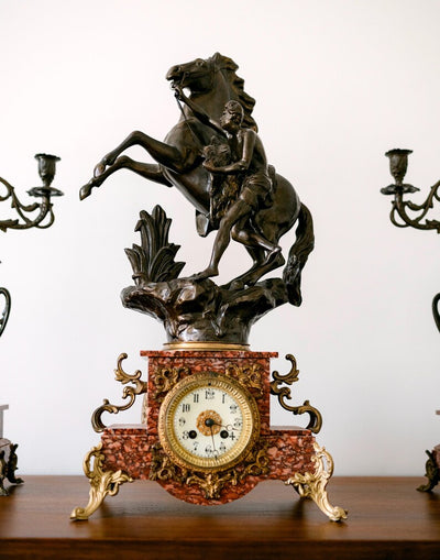 Antique 3-Piece French Clock Garniture Set | 19th Century Marly Horse Sculpture