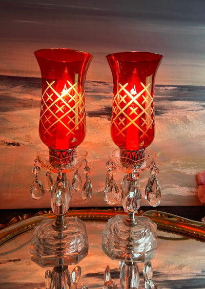 Pair of (2) Antique Victorian Style Mantle Luster Table Lamps with Cranberry Hurricanes and Crystal Cut Glass Prisms