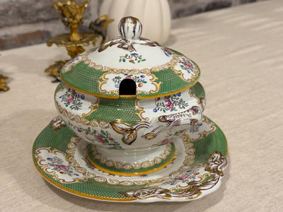 Antique Mintons “Cockatrice Green” Sauce Tureen with Lid and Underplate