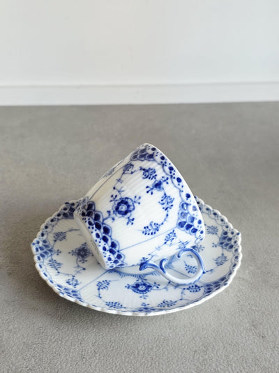Royal Copenhagen Blue Fluted Full Lace #1035 Cup with Saucer 1960s Denmark