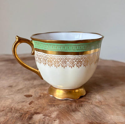 Very Rare Antique c1905 Edwardian Royal Albert Crown China Trio, Tea Cup, Saucer And Square Tea Plate. Green, Cream, White With Gold Gilt.
