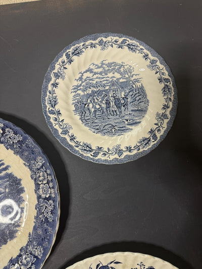 Vintage Kitchen Gallery Wall Set: Blue & White Willow Style English Plate Set