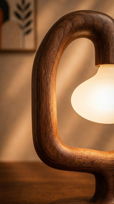 Sculptural Wood Table Lamp, Organic Bedside Nightstand Light, Frosted Glass Globe Accent
