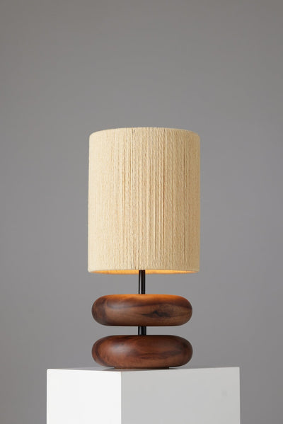 River Rock Walnut Wood Lamp: Hand-Strung Cotton Lampshade, Reclaimed Wood