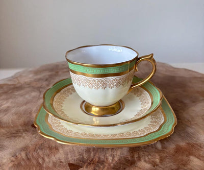 Very Rare Antique c1905 Edwardian Royal Albert Crown China Trio, Tea Cup, Saucer And Square Tea Plate. Green, Cream, White With Gold Gilt.