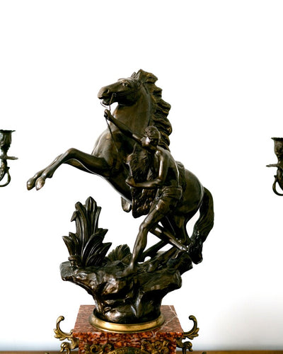 Antique 3-Piece French Clock Garniture Set | 19th Century Marly Horse Sculpture