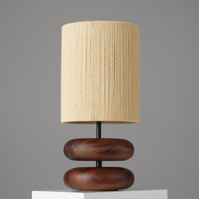 River Rock Walnut Wood Lamp: Hand-Strung Cotton Lampshade, Reclaimed Wood