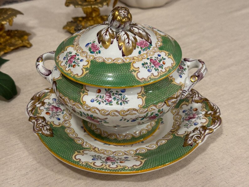 Antique Mintons “Cockatrice Green” Sauce Tureen with Lid and Underplate