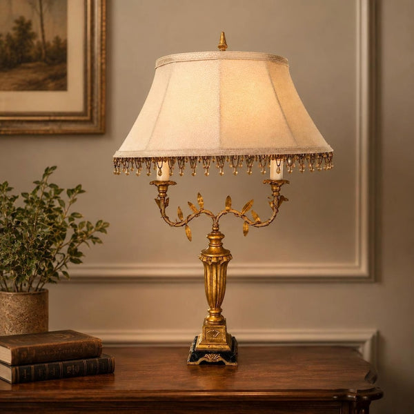 Vintage Hollywood Regency Table Lamp | Gold Leaf Tole Lamp with Beaded Fringe Shade | 28” Tall Glam Lighting Decor