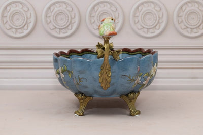 Antique Blue Porcelain Bowl: Bronze Bird Ornaments, Floral Design