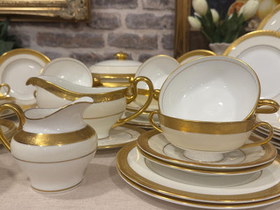 Minton Buckingham Dinner Service for 6, Vintage English Bone China, Gold Encrusted Dinner Set with Tureen, Gravy Boat, Cream and Gold