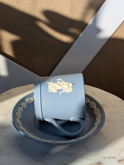 Vintage Wedgwood Jasperware Blue Biscuit Porcelain Coffee Cup and Saucer | Fairy Motif