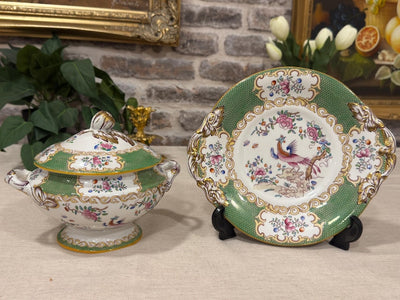 Antique Mintons “Cockatrice Green” Sauce Tureen with Lid and Underplate