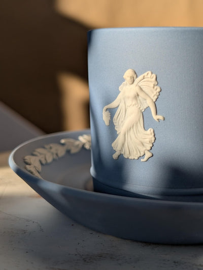 Vintage Wedgwood Jasperware Blue Biscuit Porcelain Coffee Cup and Saucer | Fairy Motif