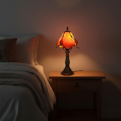 Vintage Tiffany Style Stained Glass Flower Lamp Orange Bedside Table Light