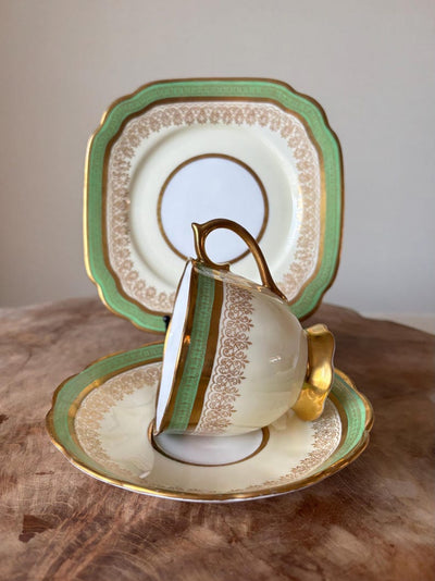 Very Rare Antique c1905 Edwardian Royal Albert Crown China Trio, Tea Cup, Saucer And Square Tea Plate. Green, Cream, White With Gold Gilt.