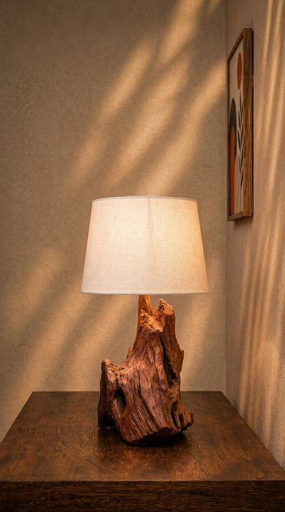 Driftwood Table Lamp, Rustic Natural Wood Accent Light, Coastal Boho Home Decor