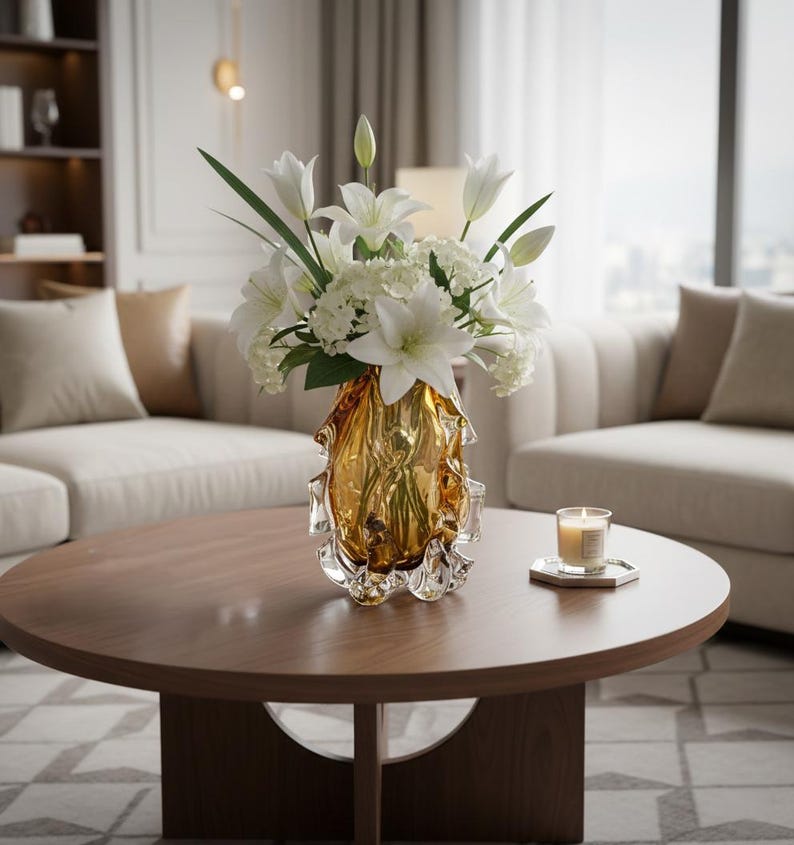 Hand-Blown Amber Art Glass Vase, Sculptural Organic Flow Design