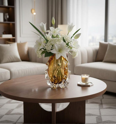 Hand-Blown Amber Art Glass Vase, Sculptural Organic Flow Design