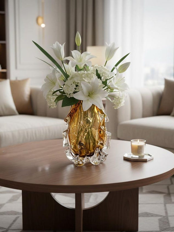 Hand-Blown Amber Art Glass Vase, Sculptural Organic Flow Design